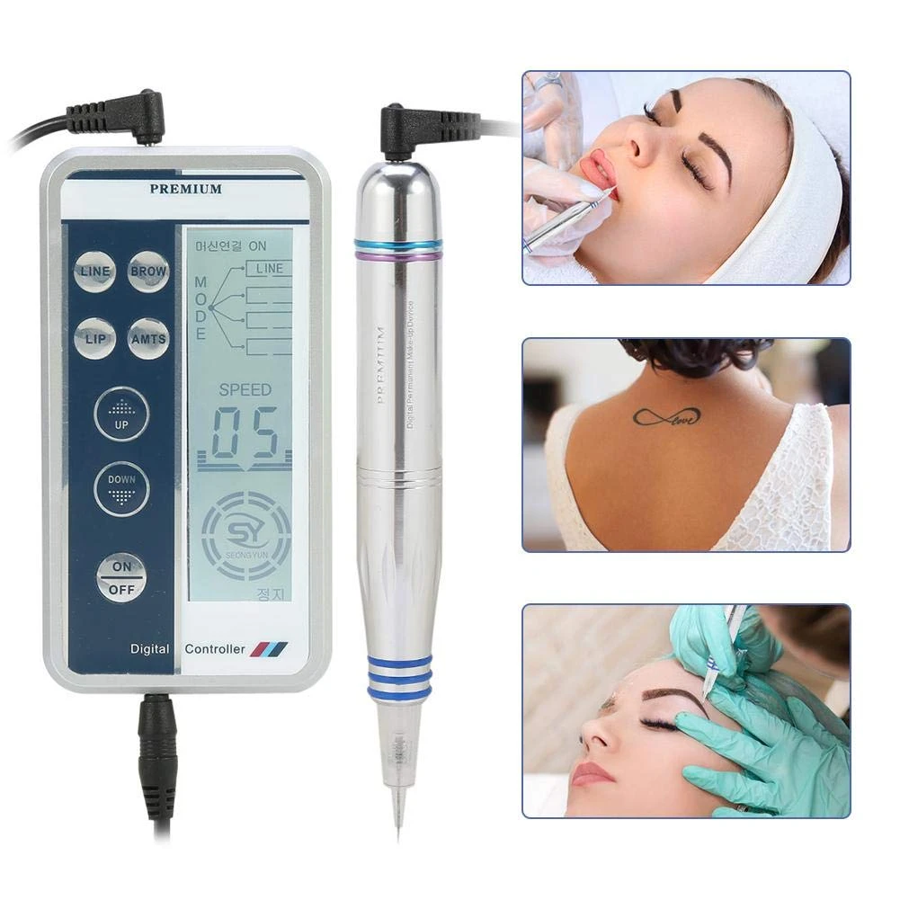 Digital Permanent Tattoo Machine, LCD Display Electric Tattoo Eyebrow Lip Eye liner MTS Pen Beauty Makeup Device With Accessory Heads Tool Kit
